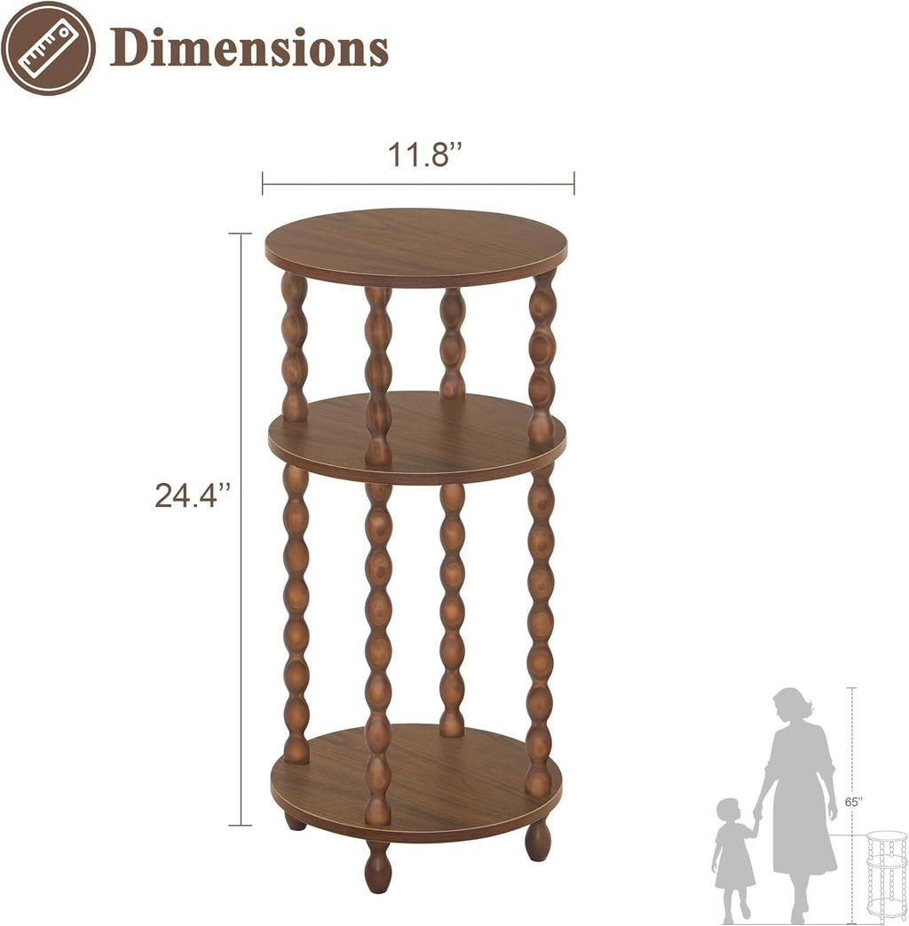 AWASEN Small Round End Table, Round Side Table with 3-Tier Open Shelf for Small Spaces, Wood Accent Table Nightstand for Bedroom, Living Room, Office, Walnut Brown