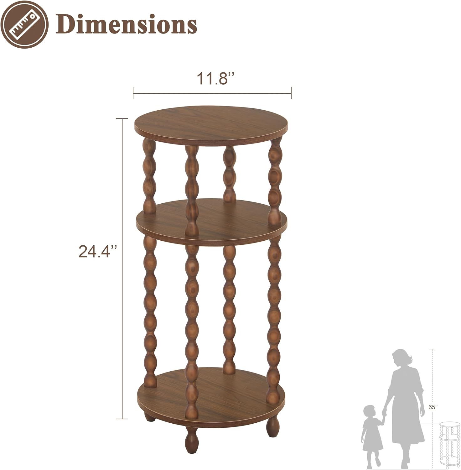 AWASEN Small Round End Table, Round Side Table with 3-Tier Open Shelf for Small Spaces, Wood Accent Table Nightstand for Bedroom, Living Room, Office, Walnut Brown