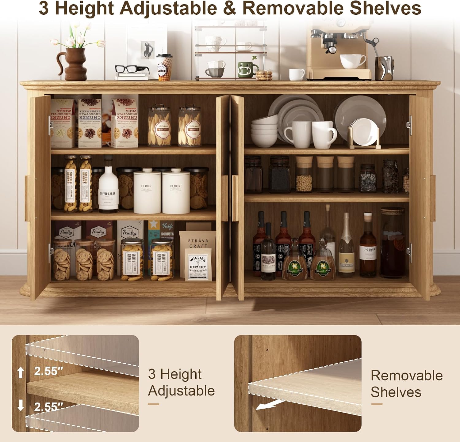 Fluted Sideboard Buffet Cabinet with Storage, 60" Modern Credenza with 4 Doors & Adjustable Shelves, Wood Coffee Bar Table for Living Room, Kitchen, Dining Room, Hallway, Natural Oak