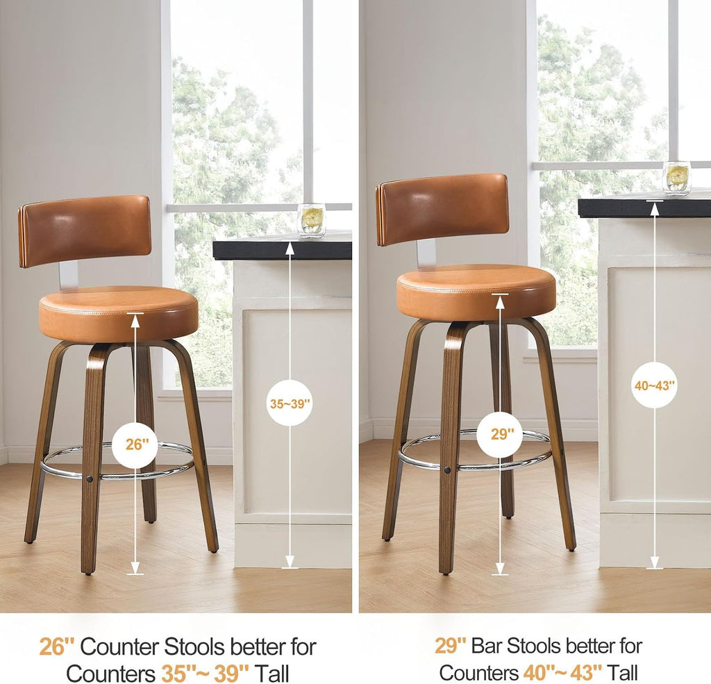 Bekrvio Swivel Counter Height Bar Stools Set of 3, 26" Faux Leather Kitchen Stools Upholstered Barstools with Back and Walnut Wood Legs, Mid Century Island Chairs Counter Stools, Brown