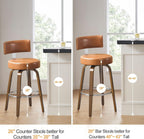 Bekrvio Swivel Counter Height Bar Stools Set of 3, 26" Faux Leather Kitchen Stools Upholstered Barstools with Back and Walnut Wood Legs, Mid Century Island Chairs Counter Stools, Brown