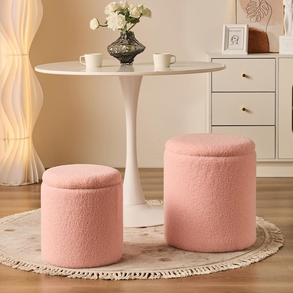BLEXA Round Ottoman with Storage Set of 2 - Upholstered Sherpa Vanity Stool for Makeup Multifunctional Ottomans Coffee Table Padded Seat Foot Rest for Living Room & Bedroom (Sherpa Pink)