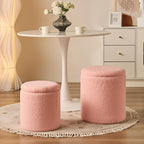 BLEXA Round Ottoman with Storage Set of 2 - Upholstered Sherpa Vanity Stool for Makeup Multifunctional Ottomans Coffee Table Padded Seat Foot Rest for Living Room & Bedroom (Sherpa Pink)