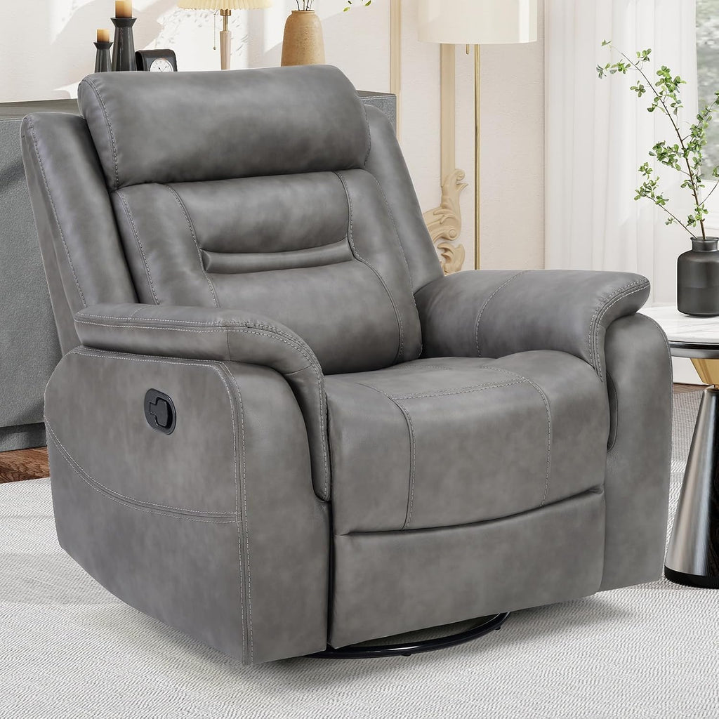 Bonzy Home 360° Swivel Rocker Recliner Chair for Adults, Manual Faux Leather Reclining Chair with Ergonomic Backrest, Glider Rocking Nursery Single Sofa for Living Room, Bedroom, Grey