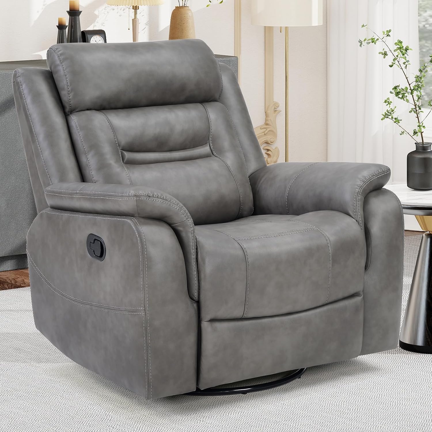 Bonzy Home 360° Swivel Rocker Recliner Chair for Adults, Manual Faux Leather Reclining Chair with Ergonomic Backrest, Glider Rocking Nursery Single Sofa for Living Room, Bedroom, Grey