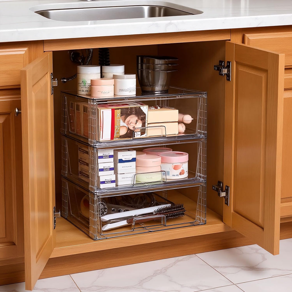 Wide Large Stackable Storage Drawers(2 Pack),Multi-purpose Clear Plastic Organizer Bins with Handles, Easy to Assemble for Bathroom Home Closet Under Sink Kitchen Pantry Medicine Cabinet