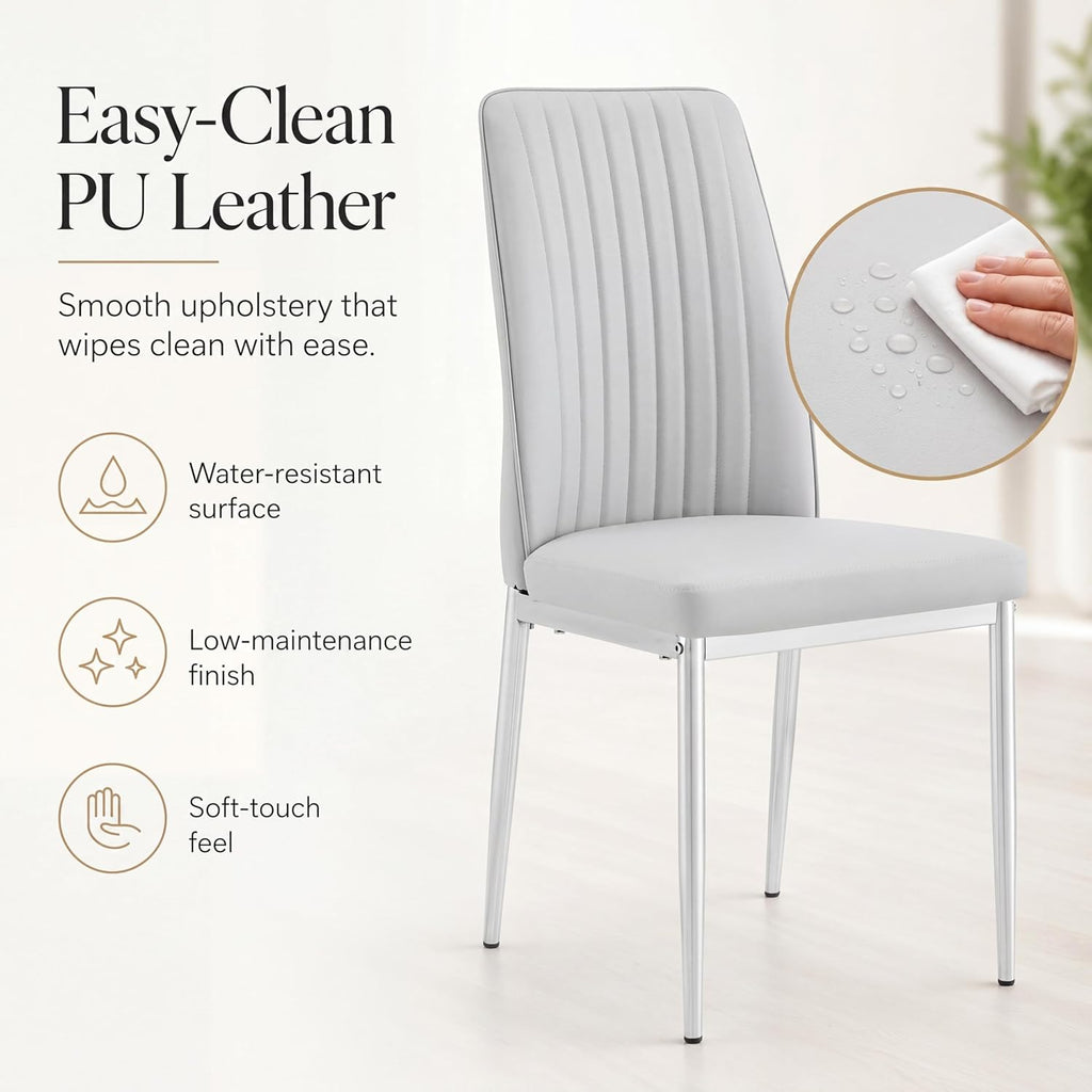Dining Chairs Set of 4,Sillas de Comedor Modernas 4,Leather Upholstered Kitchen Chairs with Chrome Metal Legs,Modern Dining Room Chairs ,Easy-Clean Chairs for Dining Room, Apartment (Light Gray,4)