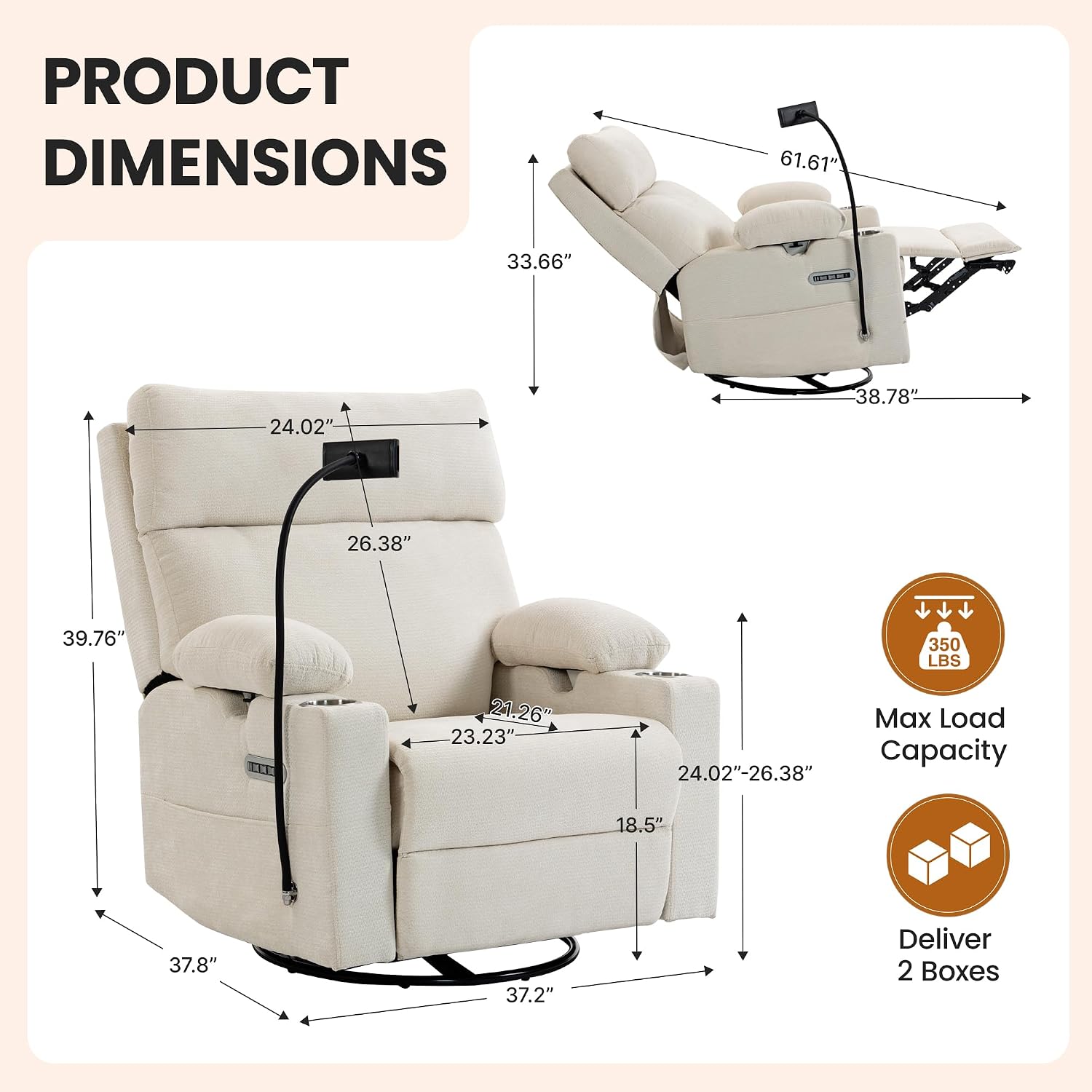 FiveWillowise Power Rocking Chair Nursery with Adjustable Armrests&Headrest, Glider Recliner Chair, Swivel Reading Chair with Electric Lumbar Support, Cup Holder, Nightlight and USB Ports,White