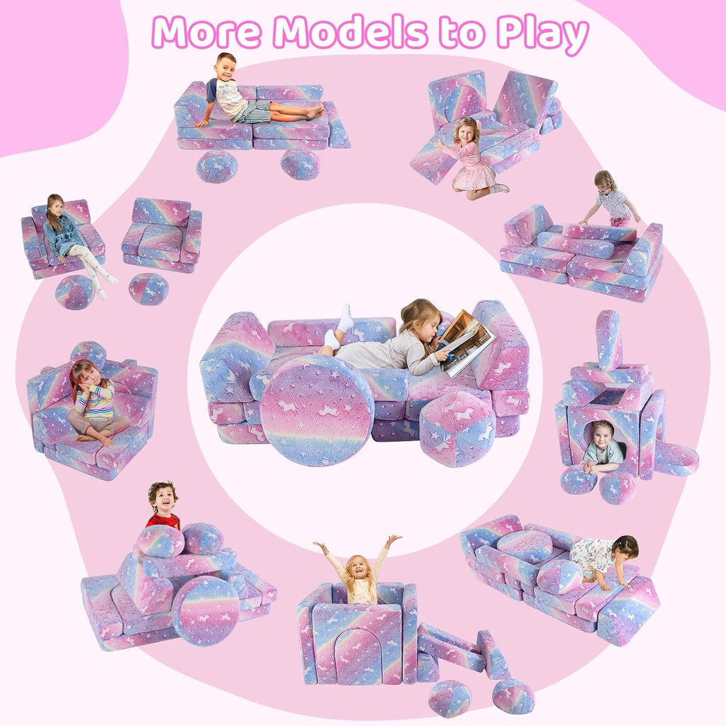 13 PCS Kids Modular Play Set, Glowing Toddler Couch, Kid Play Sofa for Playroom and Bedroom (Rainbow)