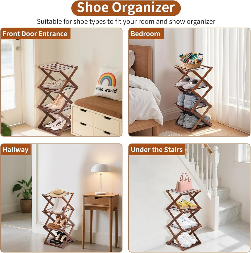 Shoe Rack Foldable, Portable Shoes Organizer Standing Shelf, Multifunctional Vertical Narrow Shoe Rack for Entryway, Closet, Bedroom and Hallway(Dark Brown, 4 Layers)