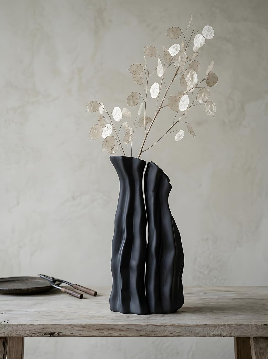 Modular Rockery Art Vase Set of 2, Separatable Centerpiece Table Decorations - 11" Tall Matte Black Ceramic Vases for Flowers, Pampas Grass, Modern Nordic Boho Home Decor (Black)