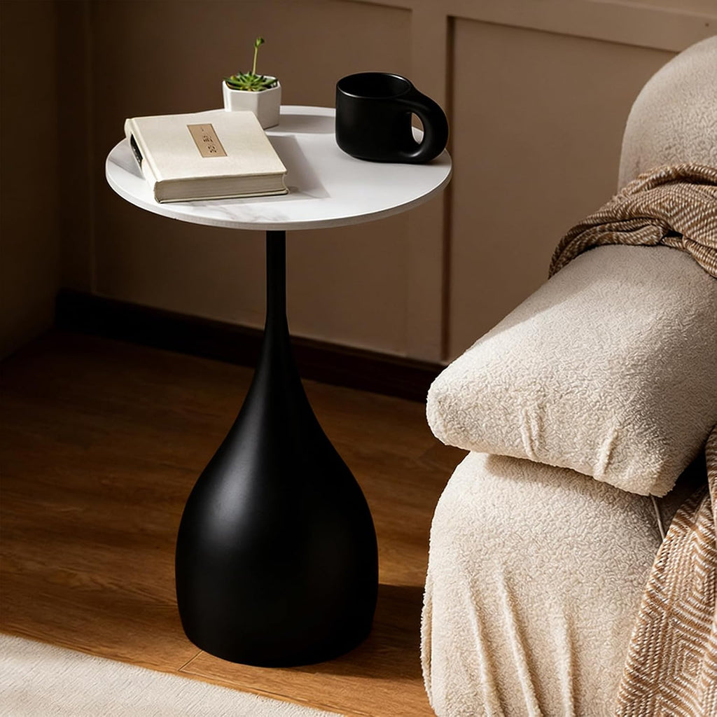 14'' Round End Table for Living Room, Faux Marble Top Nightstands Modern Sofa Side Table Accent BedsideTable with Anti-Slip Pads Ideal for Living Room Bedroom Small Spaces (White Black)