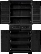 SOFTSEA Kitchen Pantry Cabinet with 6 Door Shelves and 2 Drawers, Farmhouse Embossed Texture Cupboard Cabinet with 3 Pull Out Organizers, Kitchen Hutch for Dining Room Living Room, Black