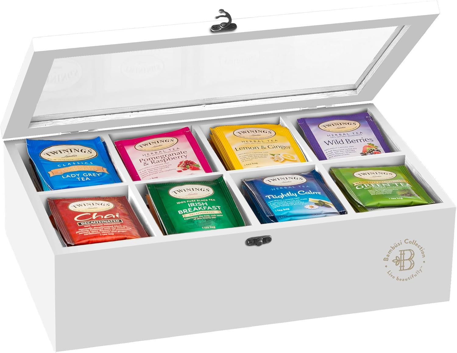 Tea Bag Organizer with Drawer - Bamboo Tea Box Organizer, 8-Compartment Tea Storage Box with Acrylic Lid and Magnetic Closure, Tea Box for Kitchen Counter, Gifts for Mom, Wife, Tea Lovers (White)