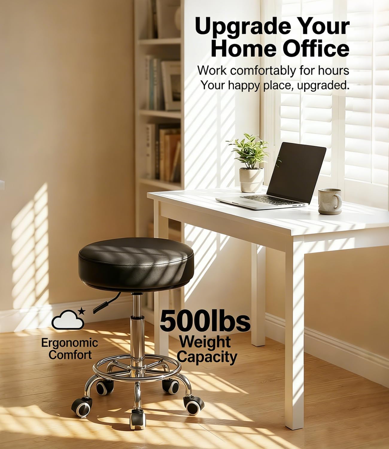 Adjustable Rolling Stool with Wheels 500lb Heavy Duty Round Rolling Stool with Footrest, Thick 7.6cm Cushion Patent Leather Drafting Stool Chair with Wheels Work Spa Salon Seat（Black）
