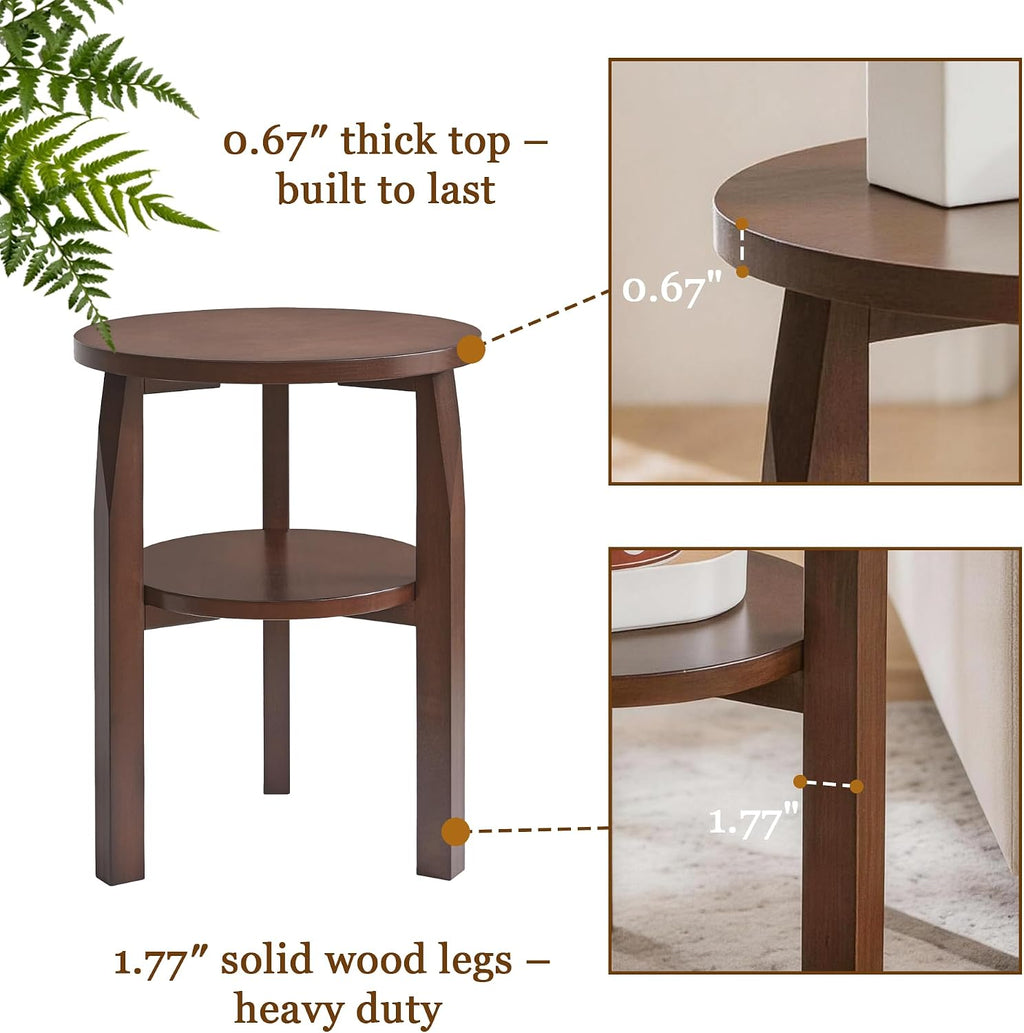 Round End Table, Solid Rubberwood 2-Tier Side Table with Open Storage Shelf, Small Accent Table for Living Room, Bedroom, Sofa Side and Small Spaces