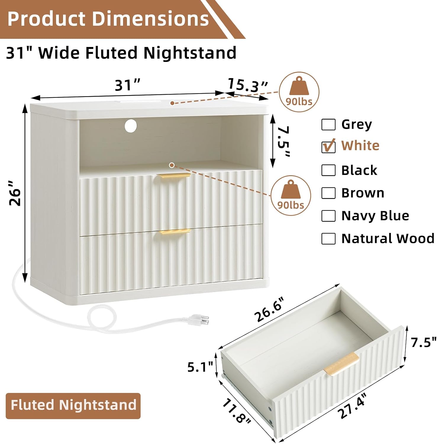 LEYAOYAO 31" Wide Fluted Nightstand Set of 2 with Charging Station, Oversized Extra Large 2 Drawers Night Stand, Antique White Bedside Table,Tall End Tables,Modern Chest of Drawer Dressers for Bedroom