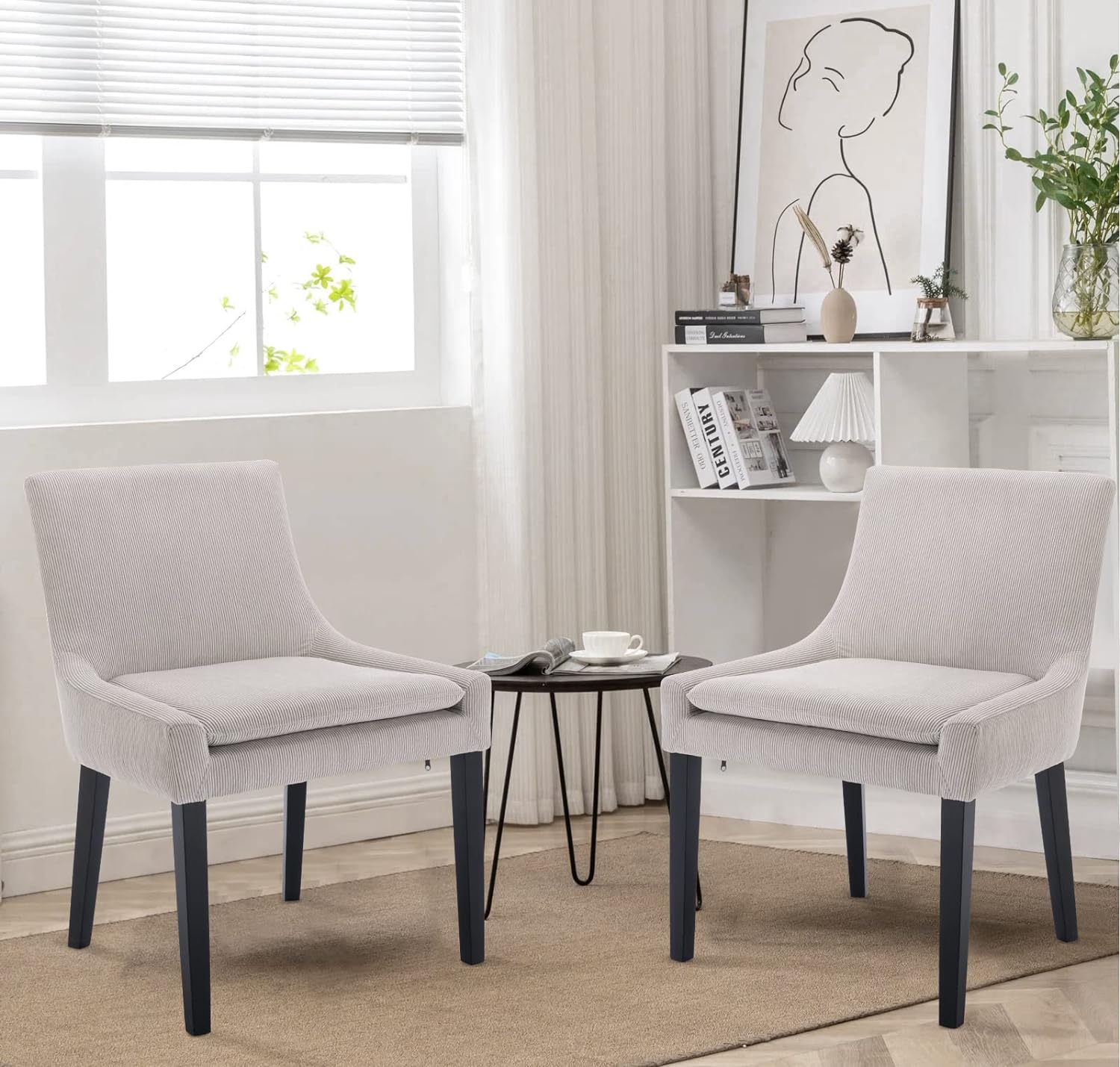 MALOL Upholstered Dining Chairs Set of 6, Mid-Back Kitchen Room Chair with Wood Legs, Corduroy Padded Dining Side Chairs for Dining Room, Beige