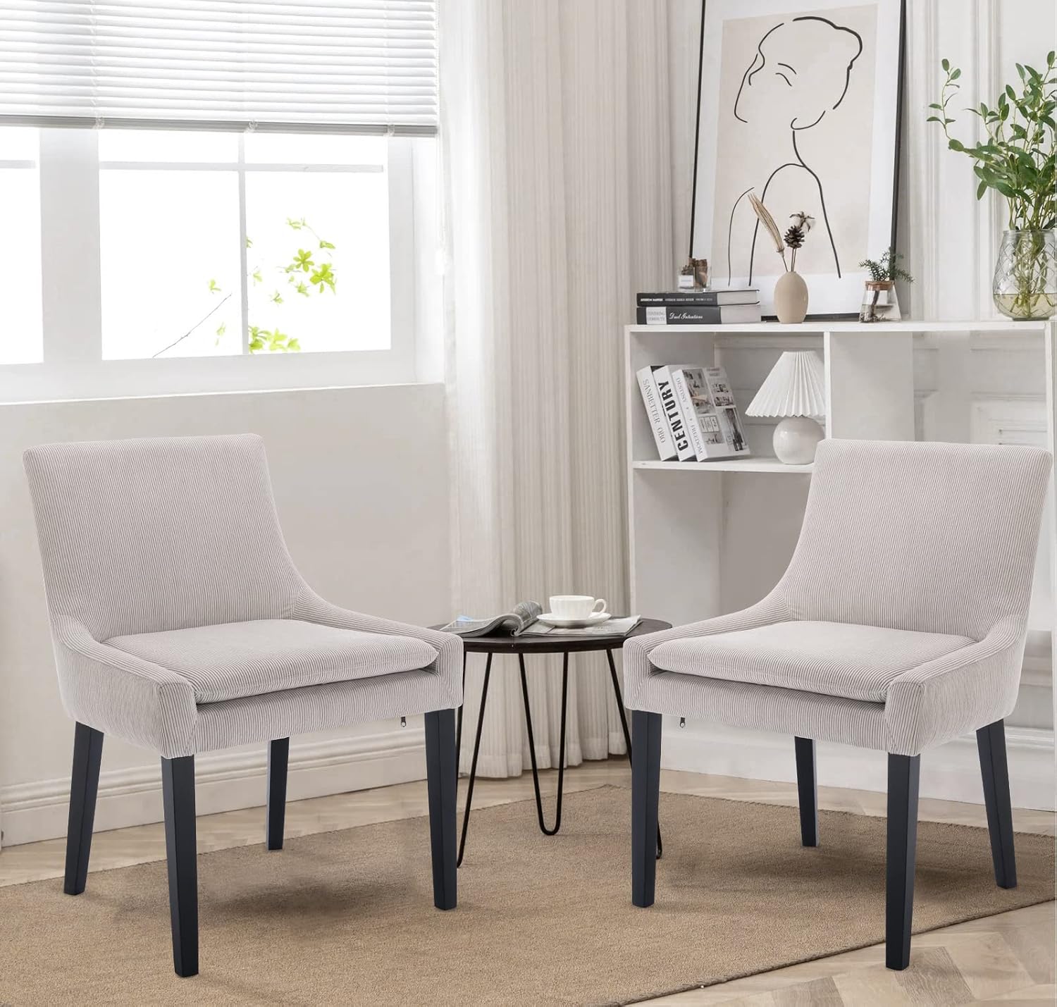 MALOL Upholstered Dining Chairs Set of 6, Mid-Back Kitchen Room Chair with Wood Legs, Corduroy Padded Dining Side Chairs for Dining Room, Beige
