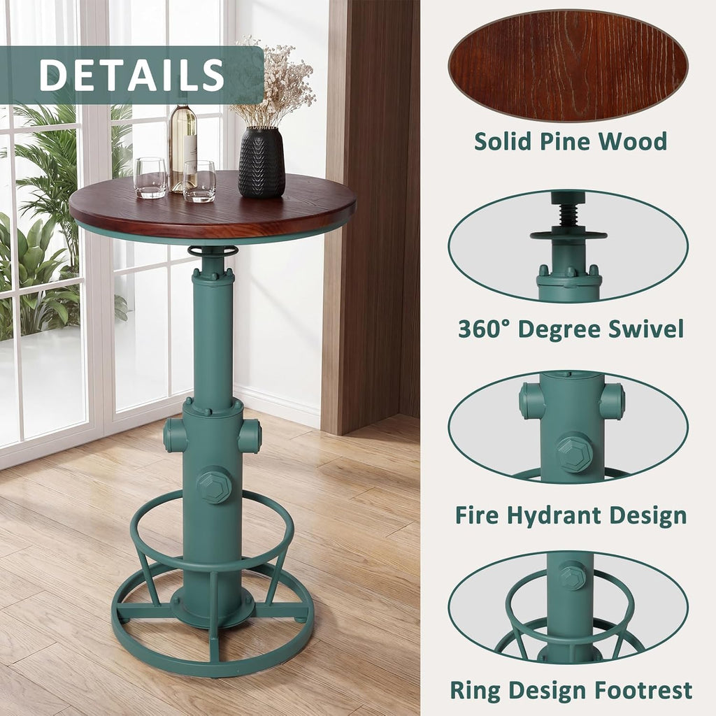 Industrial Bar Table with Round Solid Pine Wood Top, Adjustable Height 38.6-42.5in, Fire Hydrant Design, 360° Swivel, Green