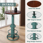 Industrial Bar Table with Round Solid Pine Wood Top, Adjustable Height 38.6-42.5in, Fire Hydrant Design, 360° Swivel, Green