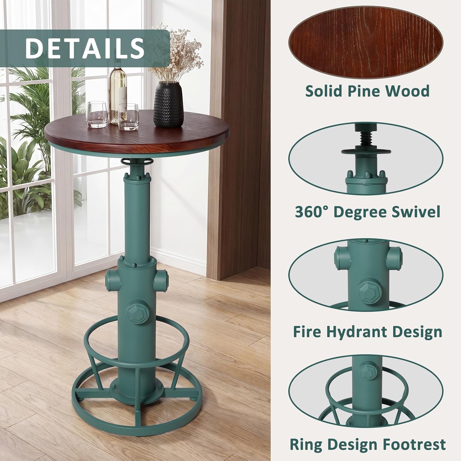 Industrial Bar Table with Round Solid Pine Wood Top, Adjustable Height 38.6-42.5in, Fire Hydrant Design, 360° Swivel, Green