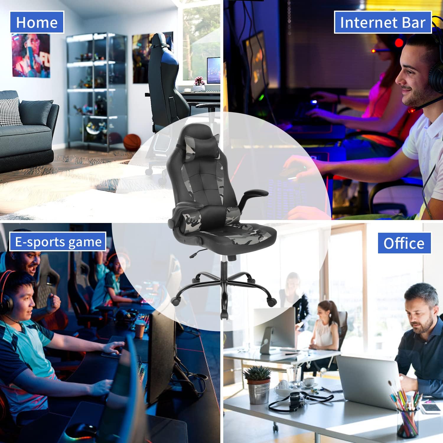 BLKMTY PC Gaming Ergonomic Computer Chair - Adjustable Office Swivel Video Game Racing Chair with Lumbar Support and Headrest - High Back Executive for Adults, Camo