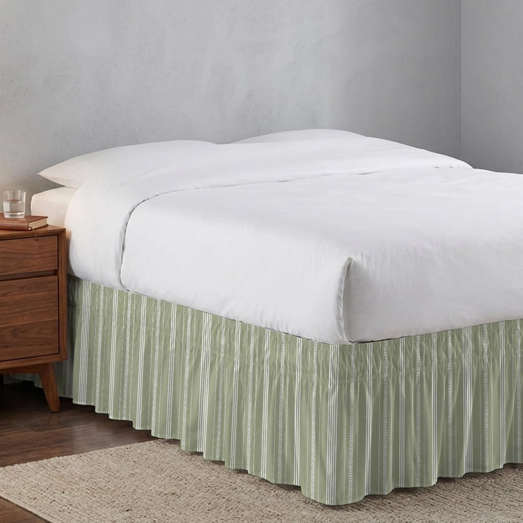 Boho Sage Green Bed Skirt Queen Size 16 Inch Drop, Adjustable & Elastic Wrap Around Bed Skirts Pleated Luxury Dust Ruffles for Twin Full Queen Cal King Base Bed, Minimalist Farmhouse Striped