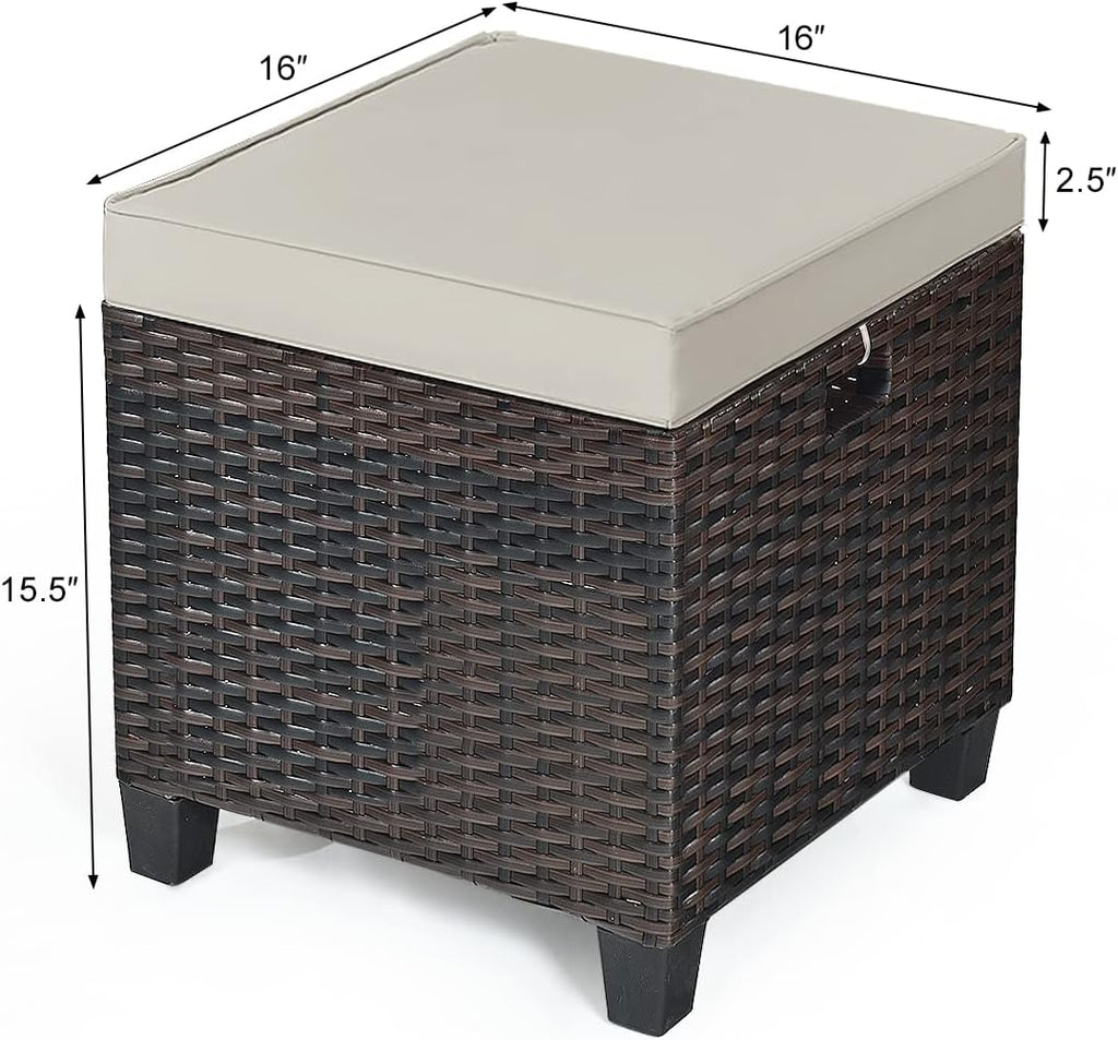 Set of 2 Outdoor Wicker Ottomans, All Weather Rattan Patio Footstool w/Removable Cushions, Patio Rattan Furniture, Extra Footrest Seat for Garden, Patio, Deck, Porch, Poolside (Light Brown)