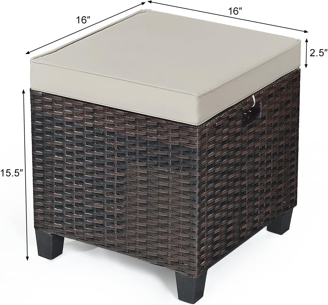 Patio Ottoman Outdoor Rattan Wicker Ottoman Seat, 2 Pieces All Weather Footstool Footrest Seat with Removable Cushions, Outdoor Ottoman Set for Patio, Porch, Poolside (Brown)
