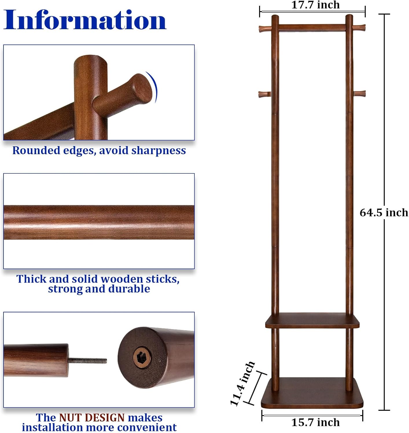 Coat Rack,Wooden Coat Rack Freestanding,Standing Coat Racks Tree Clothes Hanger Stand with Stury Base for Entryway, Livingroom, Bedroom,Easy to Assemble(Brown)