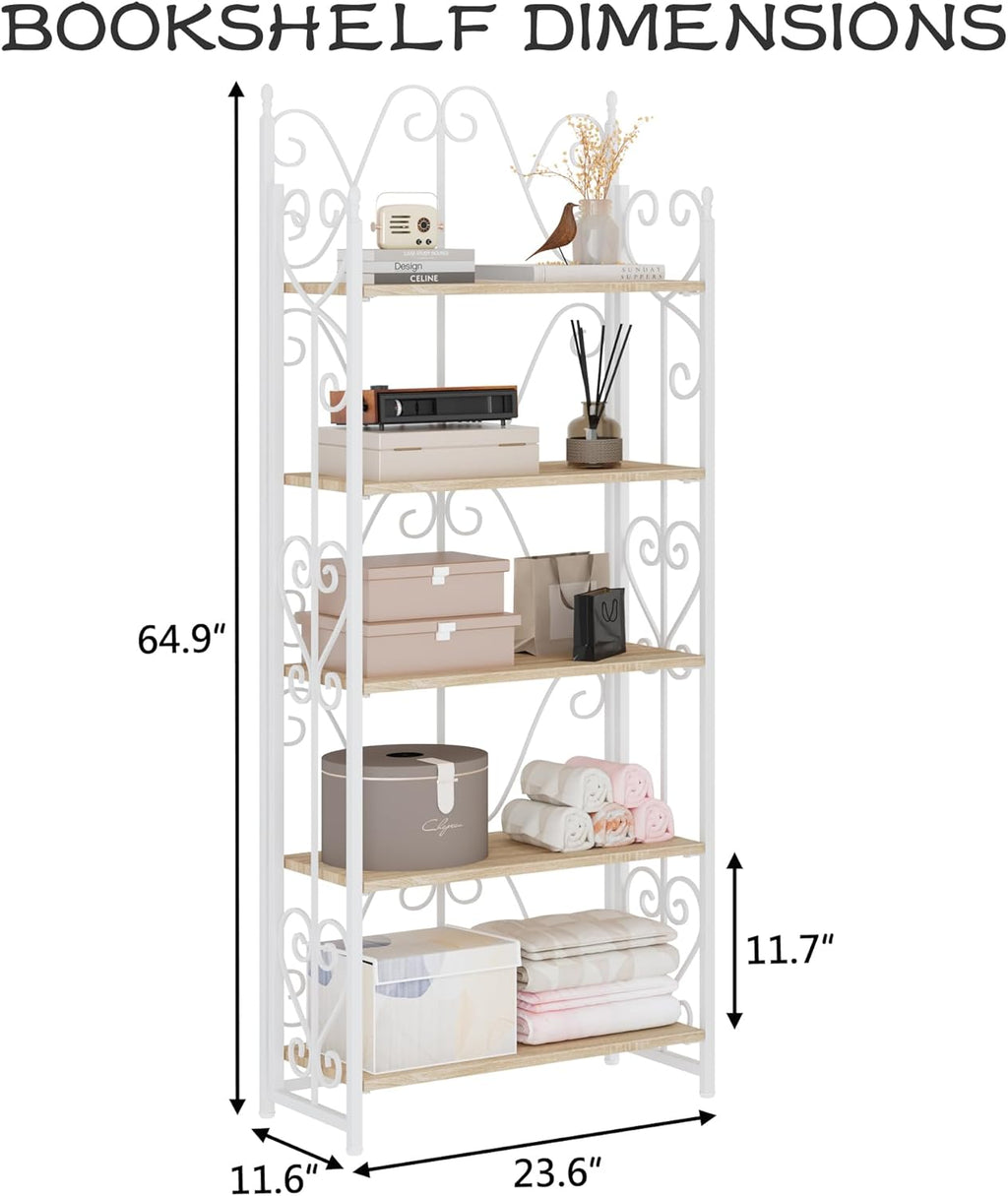 JSB 5 Tier Folding Bookshelf,Industrial Storage Shelves, No Assembly Vintage Wood Look Bookshelf with Storage Shelves for Living Room, Bedroom, Office (White)