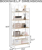 JSB 5 Tier Folding Bookshelf,Industrial Storage Shelves, No Assembly Vintage Wood Look Bookshelf with Storage Shelves for Living Room, Bedroom, Office (White)