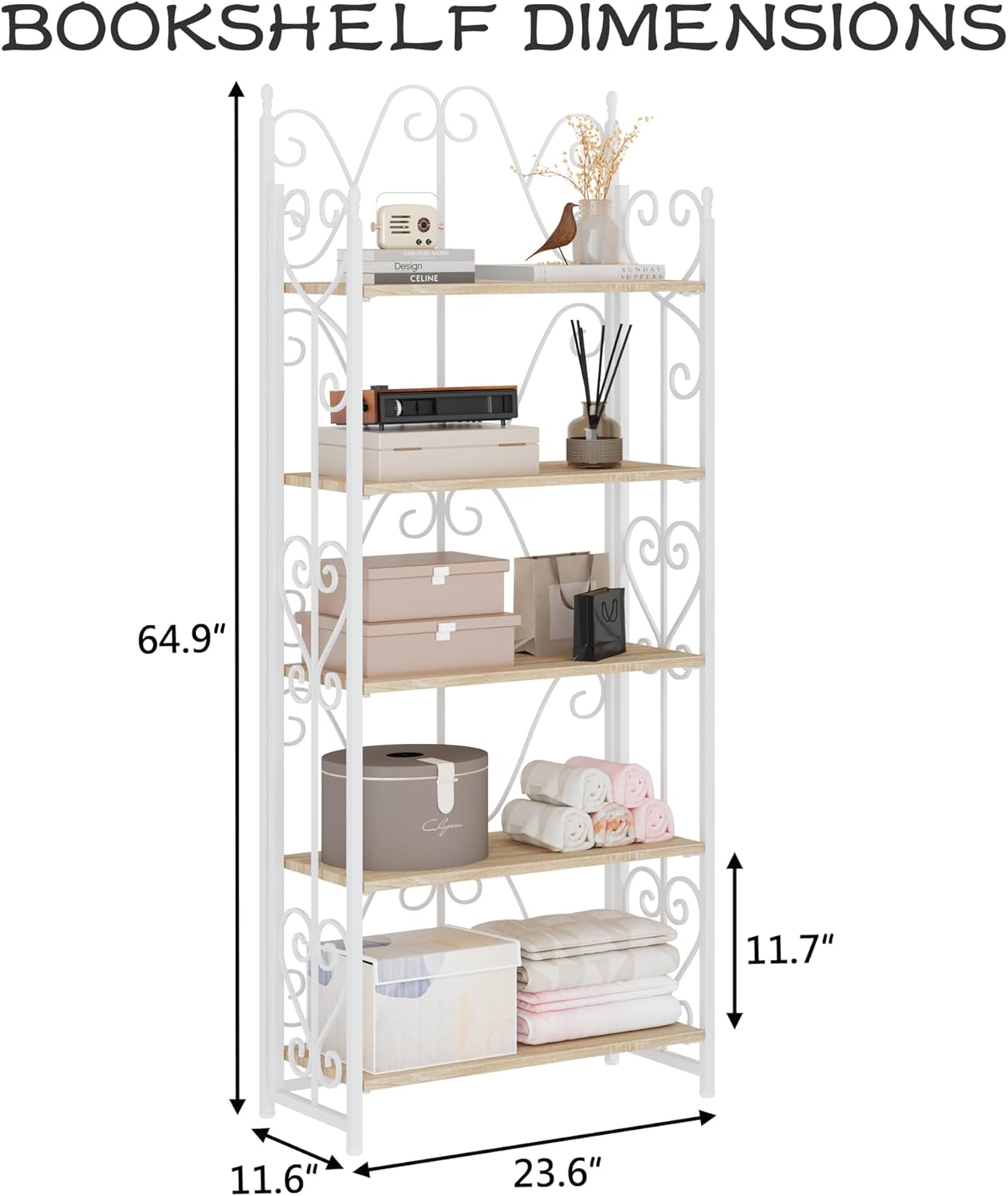 JSB 5 Tier Folding Bookshelf,Industrial Storage Shelves, No Assembly Vintage Wood Look Bookshelf with Storage Shelves for Living Room, Bedroom, Office (White)