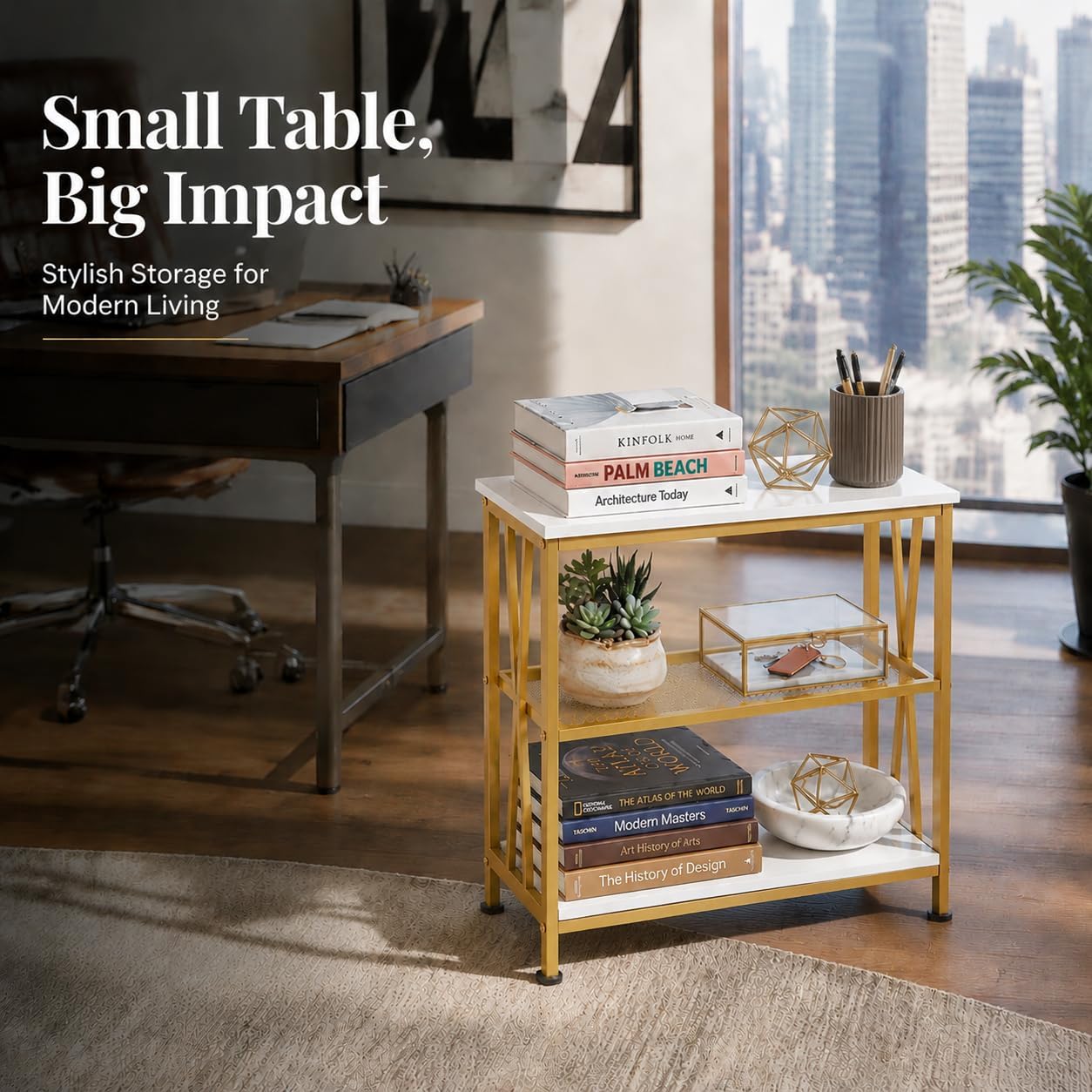 Narrow Side Table, End Table with 3 Tier Storage Shelves, Industrial Rustic Accent Skiny End Tables for Small Spaces, Slim Couch Beside Table, Small Hallway Table for Living Room (White+Gold)