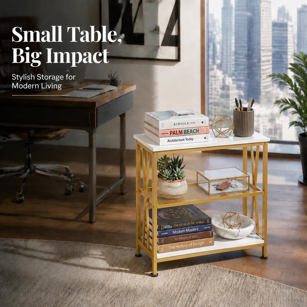 Narrow Side Table, End Table with 3 Tier Storage Shelves, Industrial Rustic Accent Skiny End Tables for Small Spaces, Slim Couch Beside Table, Small Hallway Table for Living Room (White+Gold)