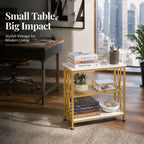 Narrow Side Table, End Table with 3 Tier Storage Shelves, Industrial Rustic Accent Skiny End Tables for Small Spaces, Slim Couch Beside Table, Small Hallway Table for Living Room (White+Gold)