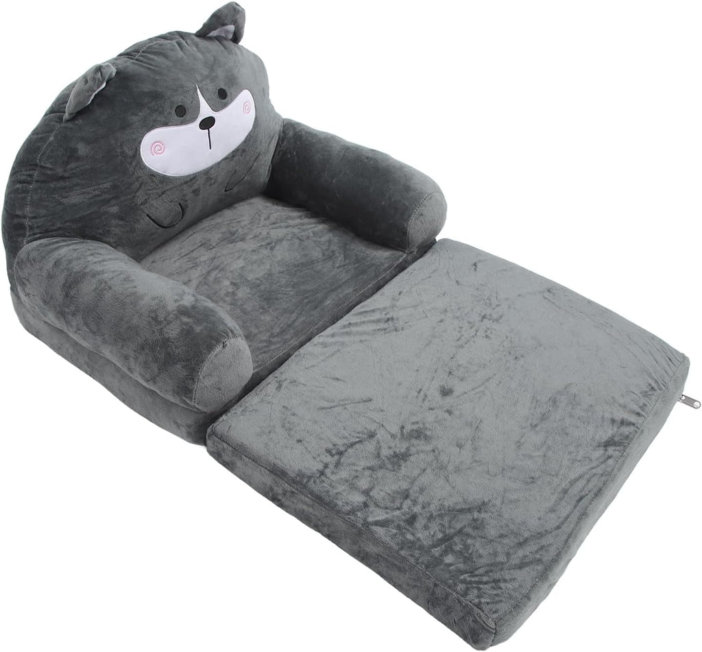 2 in 1 Fold Out Kids Couch, Foldable Toddler Chair and Infant Seat, Soft Cloth Sofa with Sponge Fill, Cartoon Animal Design for Nursery, Home & Travel (Folding in Half)