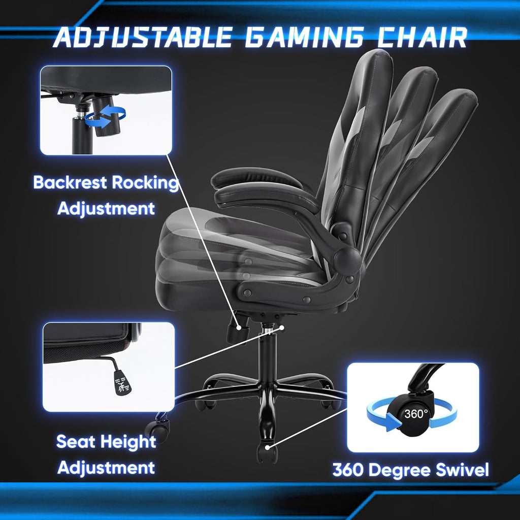 OLIXIS Computer Gaming Desk Chair - Ergonomic Video Game with Comfy Lumbar Support and headrest, PU Leather with Flip-up Arms, Adjustable Height and Swivel Wheels, for Adults, Dark Grey
