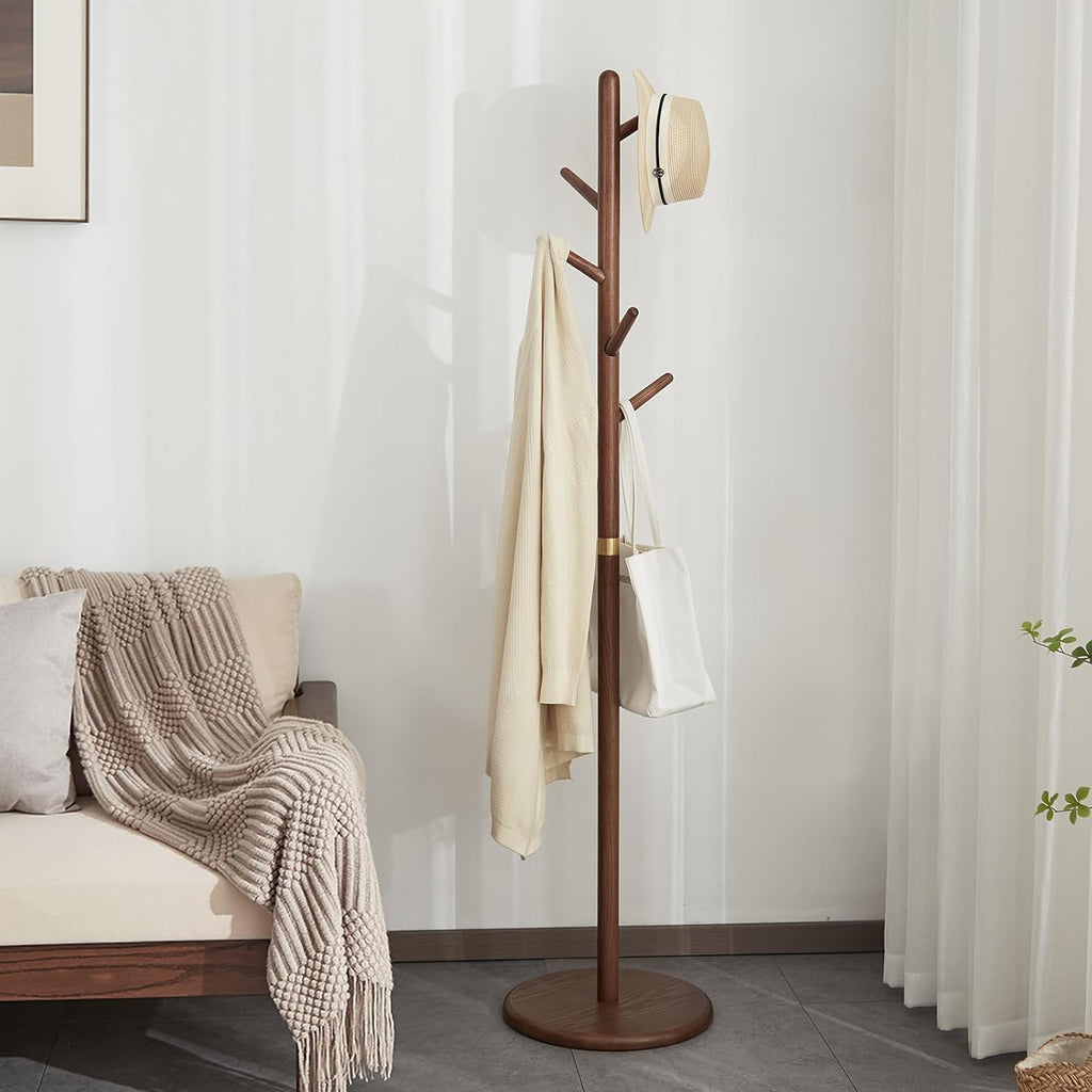Coat Rack, Solid Wood Coat Rack Freestanding with 6 Hooks, Wooden Coat Tree Freestanding for Hats, Handbags, Coat Stand for Entryway, Bedroom, Hallway - Gift for Her (Walnut)