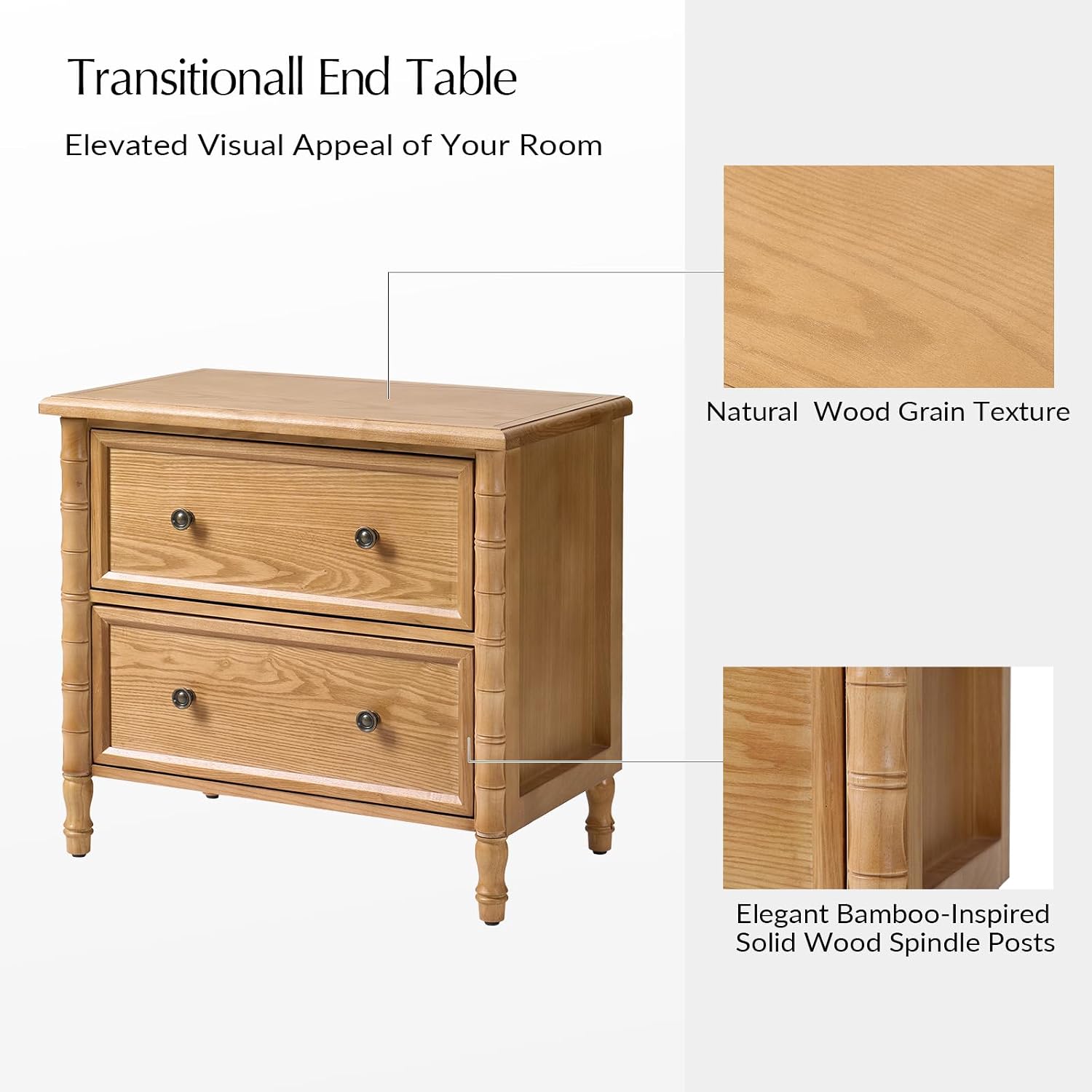 HULALA HOME 26" Solid Wood End Table with Spindle Legs, 2 Drawer Accent Table with Built-in Charging Station, Refined Transitional Style(Oak, Set of 2)