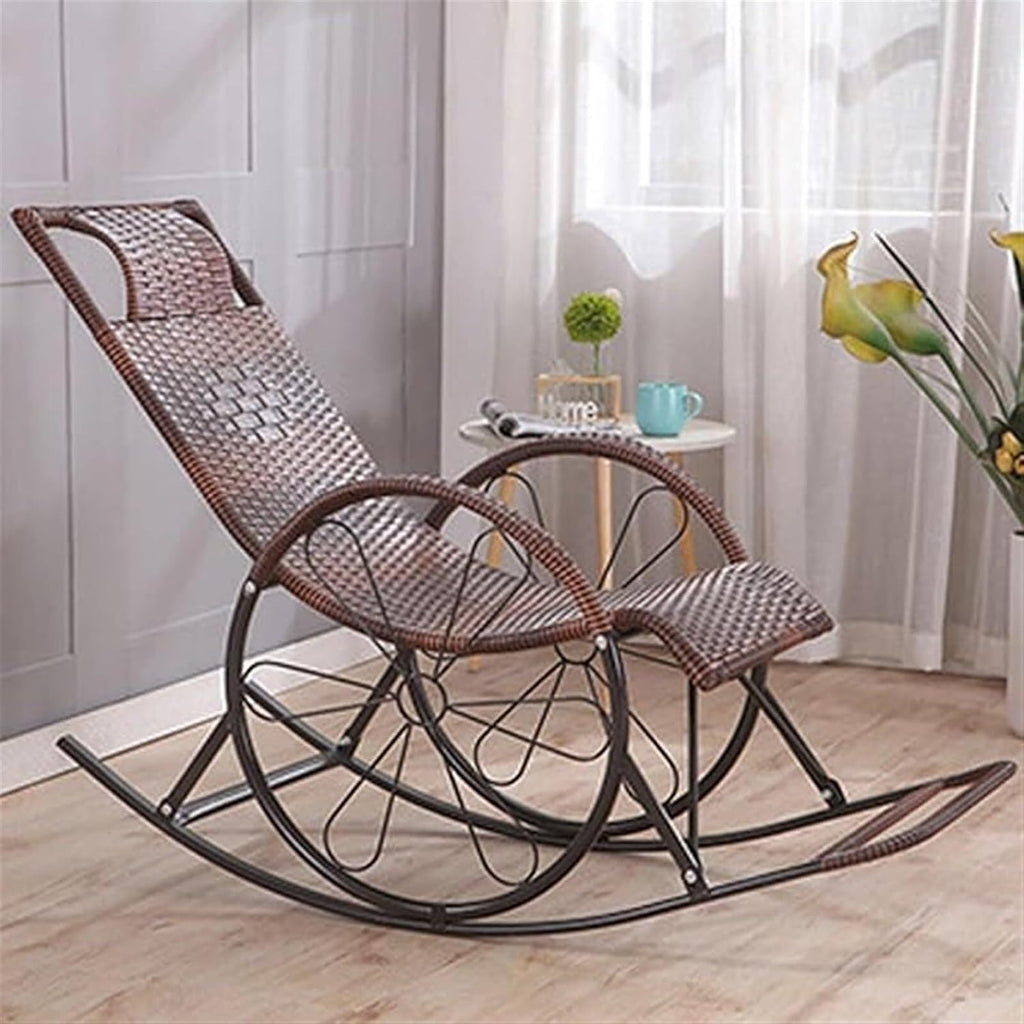 Outdoor Leisure Rattan Rocking Chair, Solid Wood High Back Recliner with Two-Wheel Design, Strong Load-Bearing Capacity for Porch, Patio, Garden, Indoor Use(Brown)