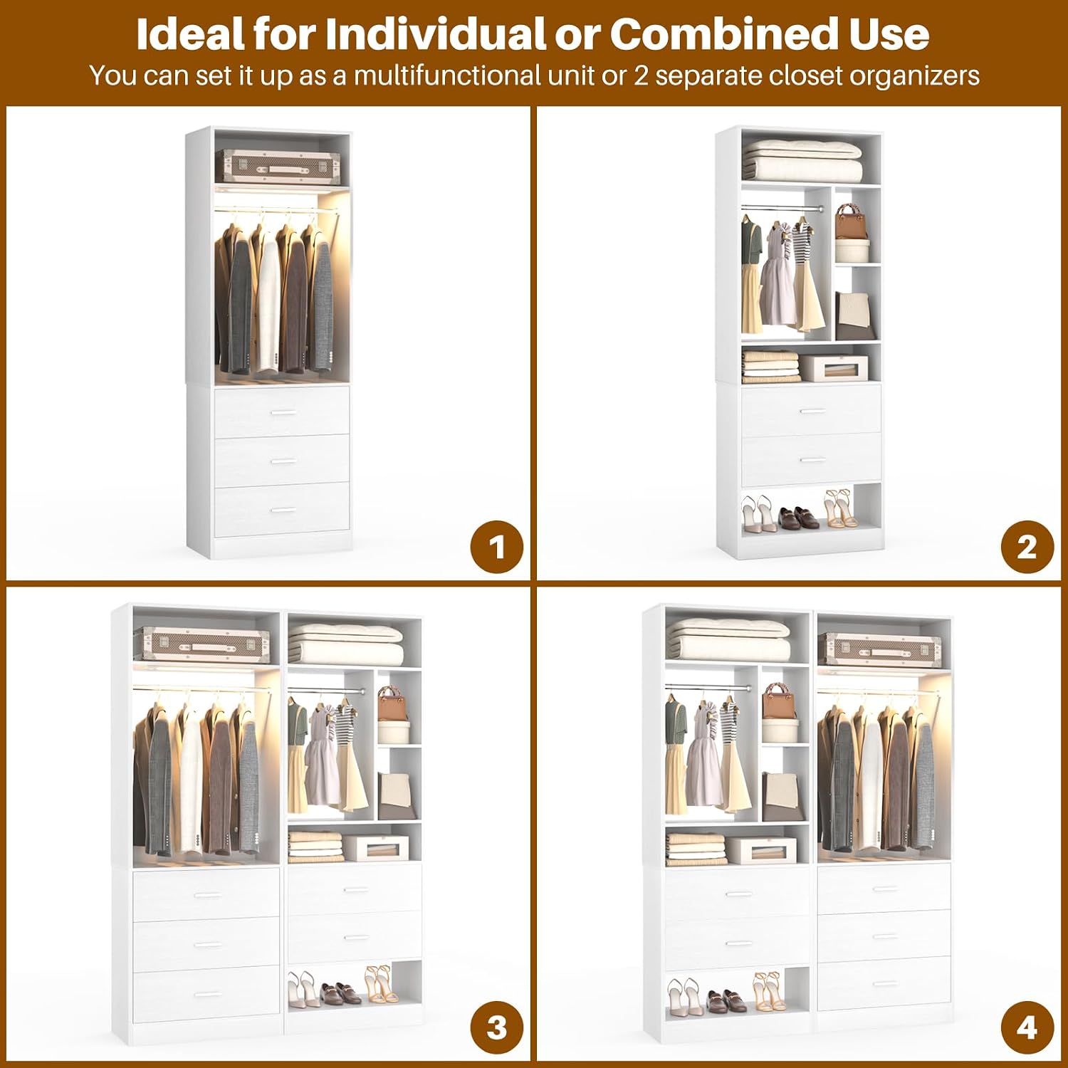 Besiost 4FT Closet Systems with 3CCT Sensor Light, 48 Inch Closet Organizer System with 5 Wood Drawers, 2 Hanging Rods & 7 Shelves, Heavy Duty 48" Walk-in Closet , White (48"L x 15" W x 80" H)