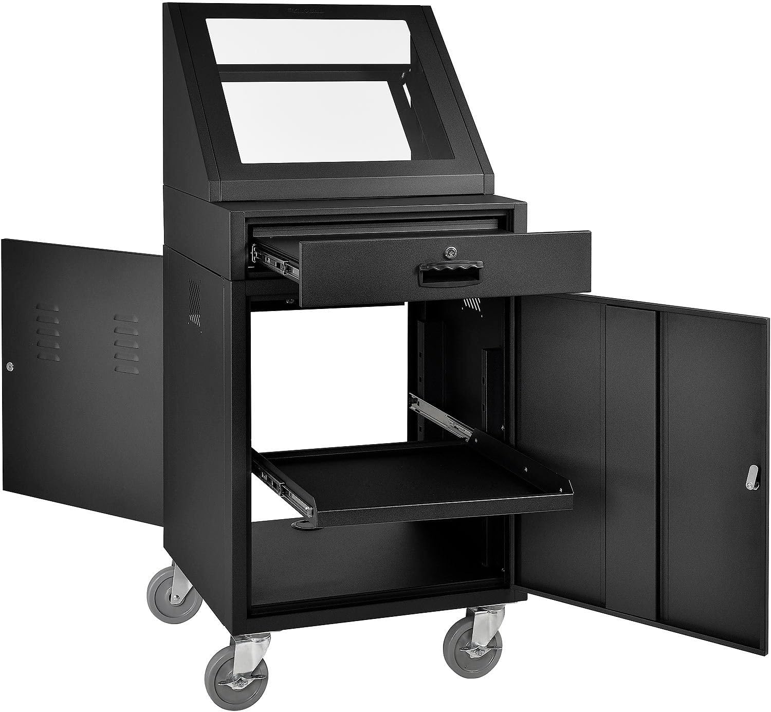 Global Industrial Mobile LCD Console Computer Cabinet for 21" Diagonal Monitors, Steel Construction, 24-1/2"W x 22-1/2"D x 55-1/2"H, Black Powder Coat Finish