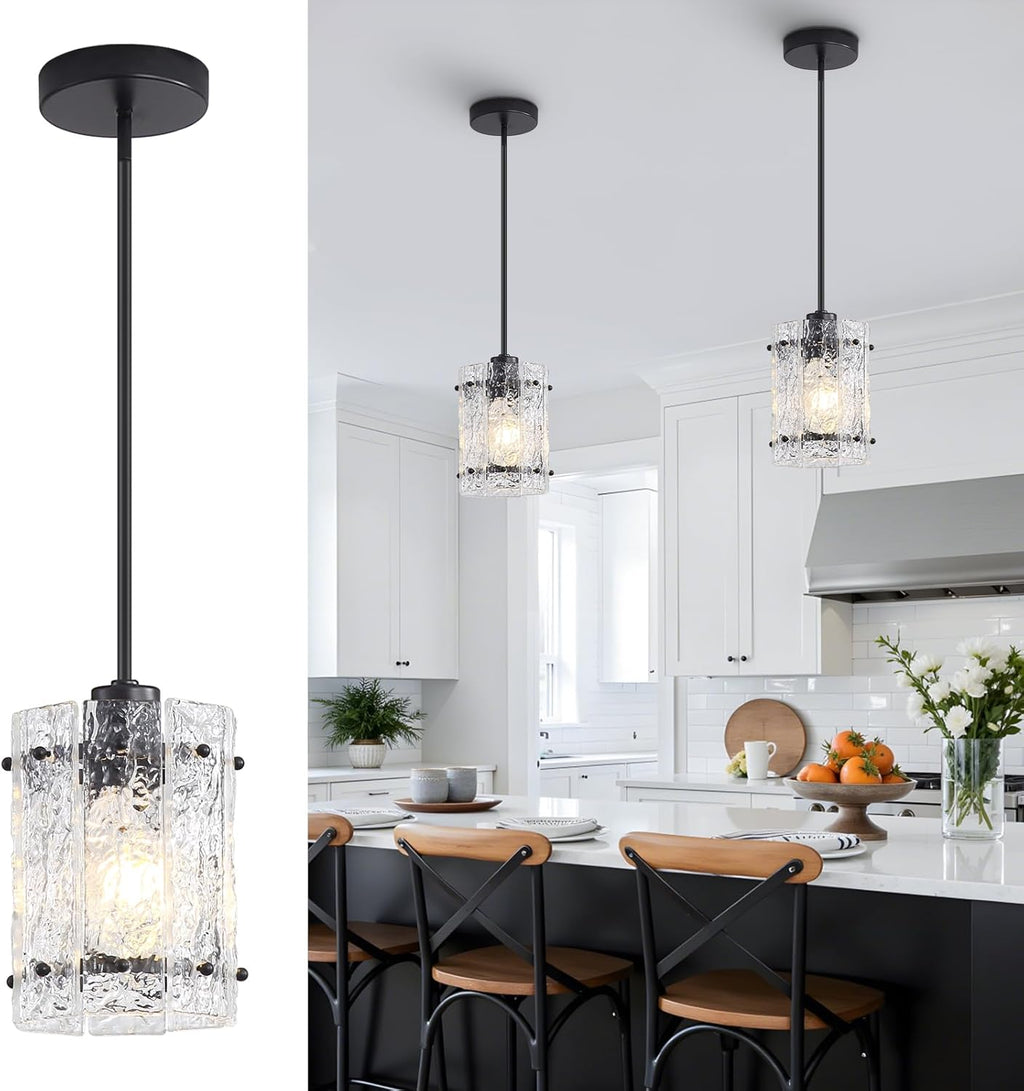 Black Glass Pendant Lights Kitchen Island, Water Ripple Round Pendant Lights Adjustable Modern Hanging Pendant Light Fixtures for Kitchen Island Dining Room Above Sink Foyer Entryway 1 Pack