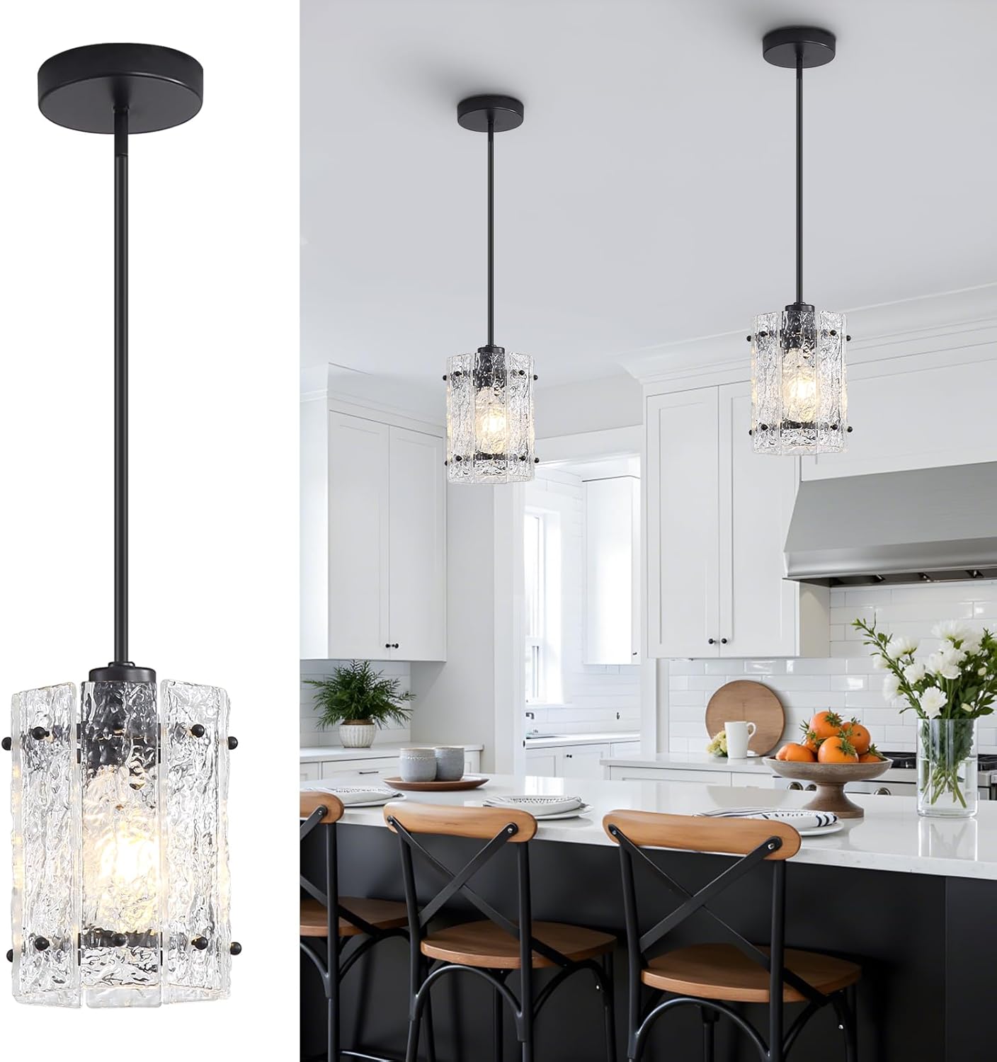 Black Glass Pendant Lights Kitchen Island, Water Ripple Round Pendant Lights Adjustable Modern Hanging Pendant Light Fixtures for Kitchen Island Dining Room Above Sink Foyer Entryway 1 Pack