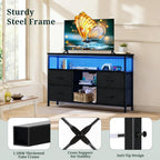 TV Stand Dresser for Bedroom, Entertainment Center with LED Lights & Charging Station, Media Console with 4 Fabric Drawers and Open Storage Shelves for Living Room, Black