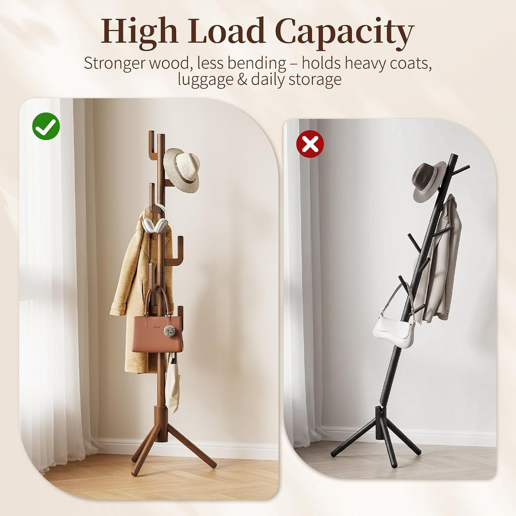 Yoobure Solid Wood Coat Rack - Cactus Coat Tree Freestanding with 8 Hooks, Coat Hanger Stand with 3 Adjustable Sizes for Jacket, Hat, Clothes Stands for Hall, Entryway, Bedroom, Office, Living Room