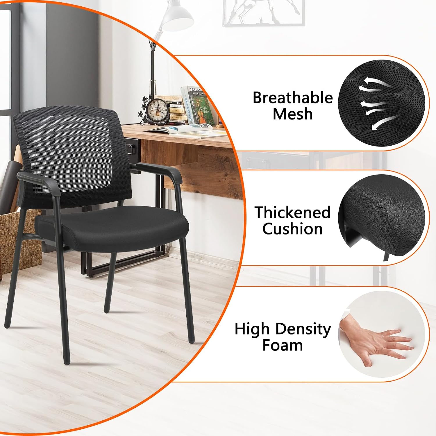 CLATINA Stacking Chairs Set of 4, Stackable Waiting Room Chairs No Wheels with Armrest, Ergonomic Mesh Office Reception Guest Chair for Home Conference Lobby Church School Meeting Training, Black