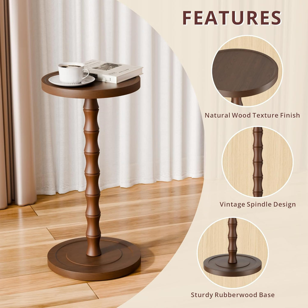 Small Round Side Table, Rubber Wood‌ End Table for Small Spaces, Modern Accent Tables, Solid Wood Drink Tables for Living Room, Bathroom, Bedroom, Couch (Dark Walnut, 11.8 inch)